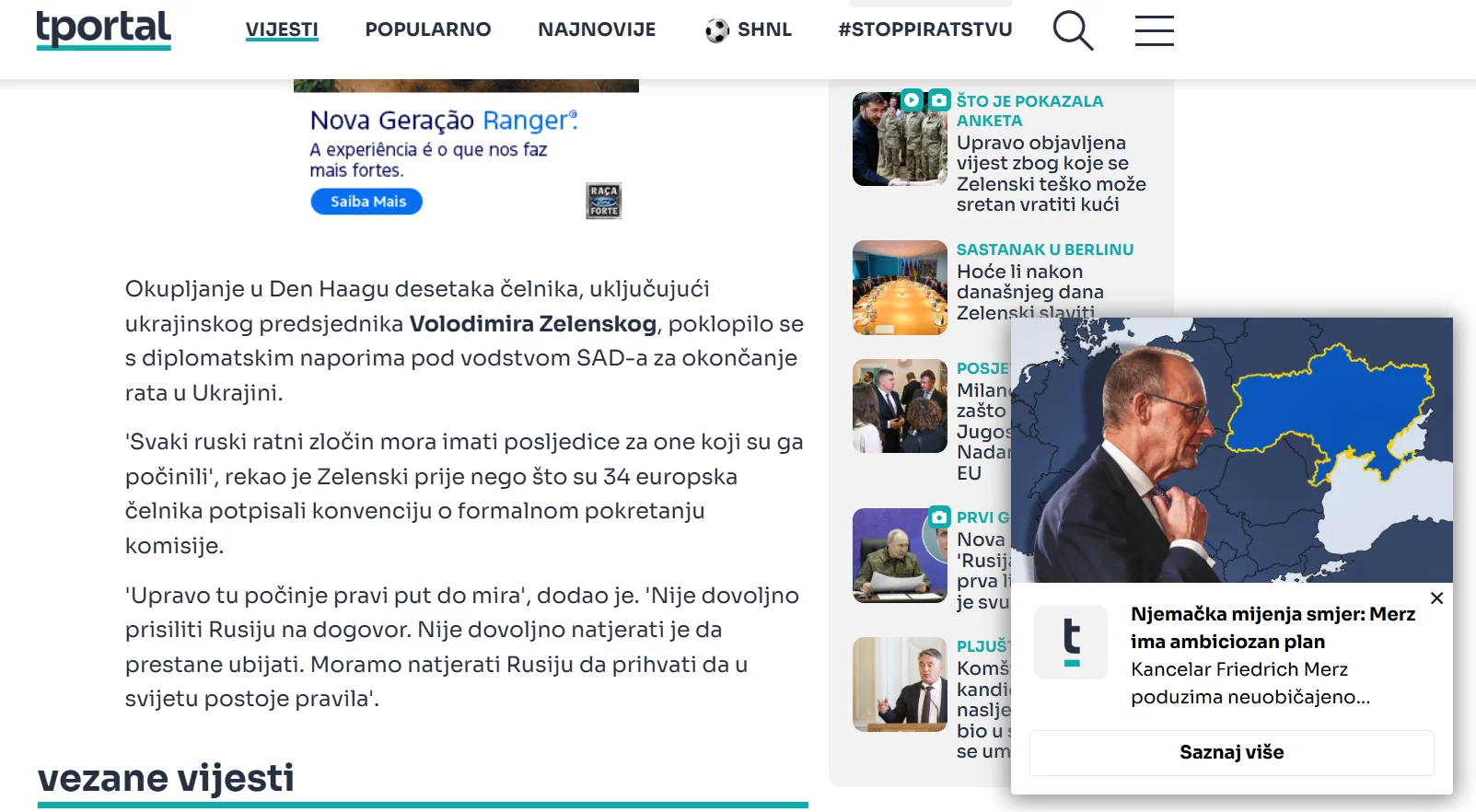 Onsite notification displayed in the news section at tportal.hr